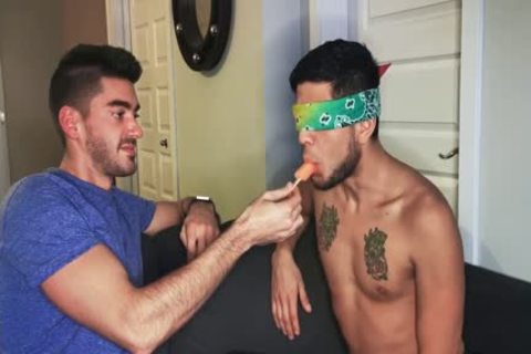 Blindfolded Roommate receives knob To Distract Him