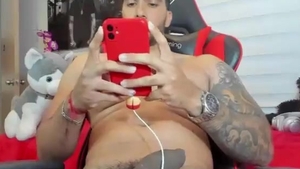 fine Latino Hunk With Tattoos Strokes His large darksome 10-Pounder